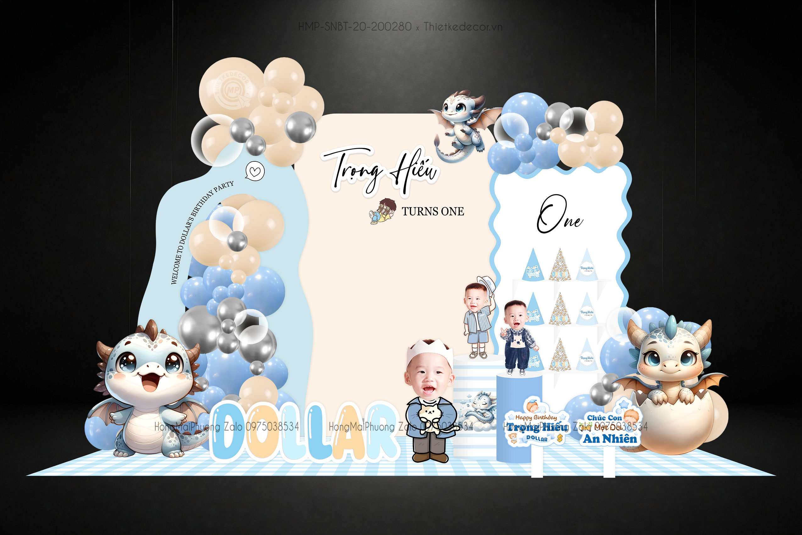 Sinh nhật bé trai tuổi rồng tone xanh da trời- xanh pastel - beige